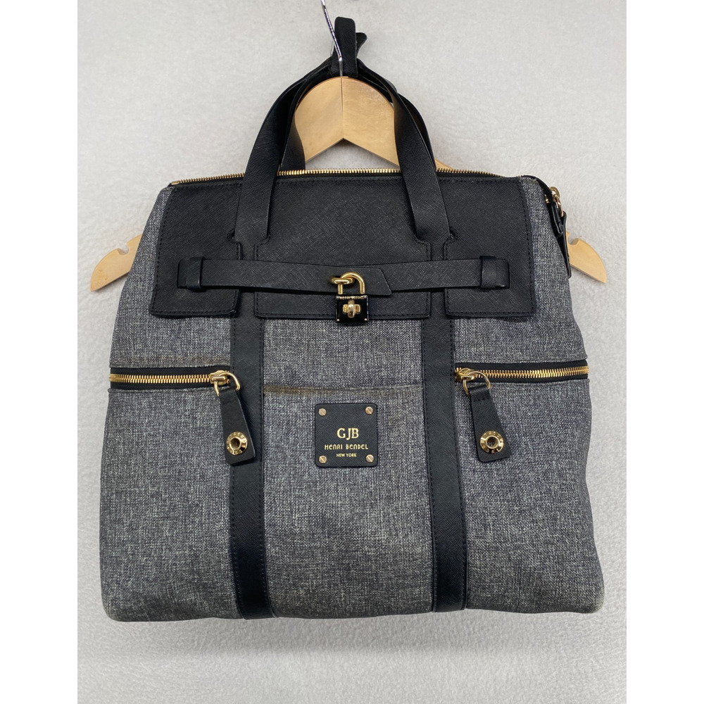 HENRI BENDEL Jetsetter Convertible Backpack Tweed Canvas Leather Trim Gray Black